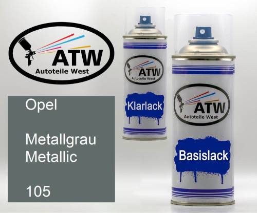 Opel, Metallgrau Metallic, 105: 400ml Sprühdose + 400ml Klarlack - Set, von ATW Autoteile West.